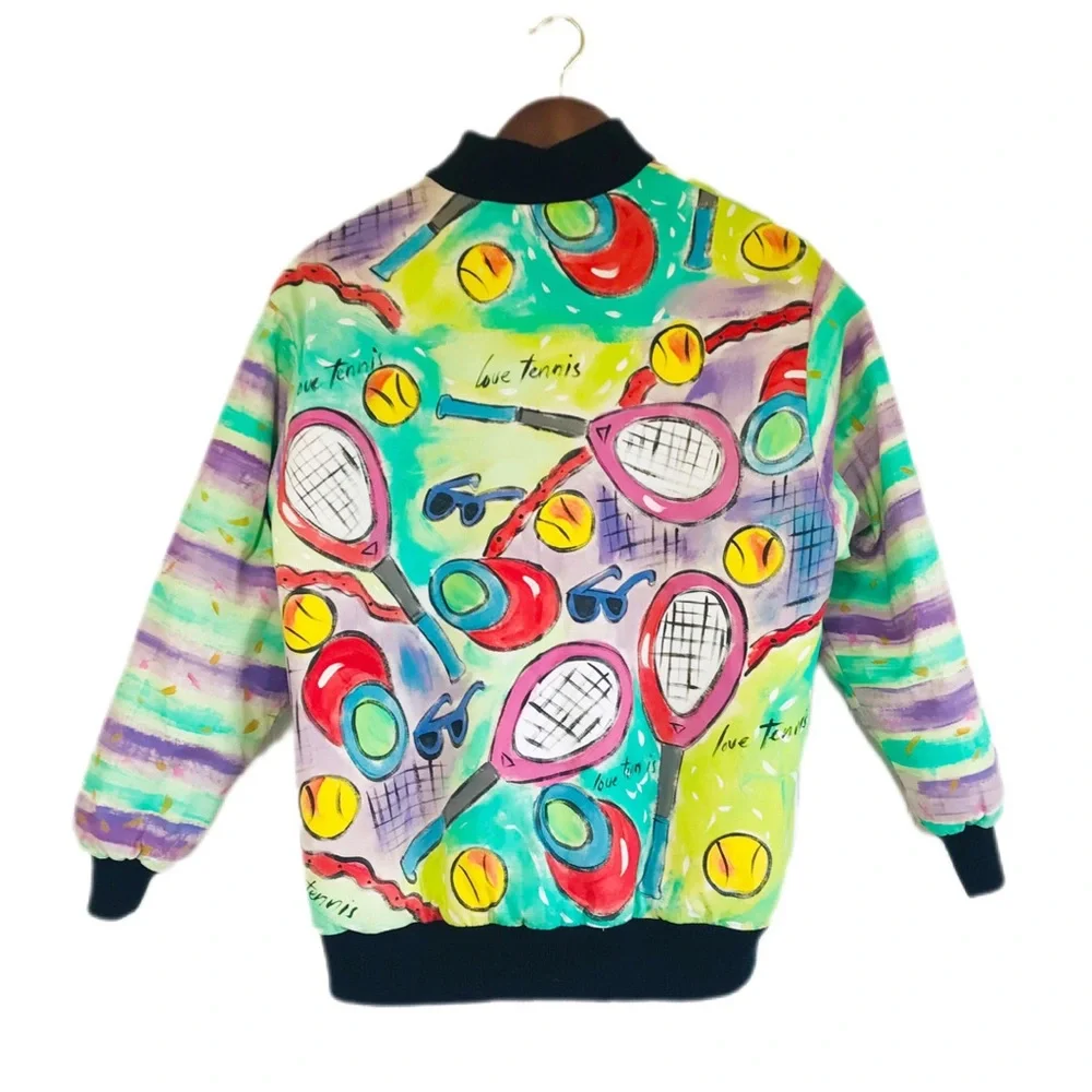 VINTAGE Hand Painted Bomber Jacket Tennis Wearable Art Artsy 80s 90s Size Small - Picture 5 of 15